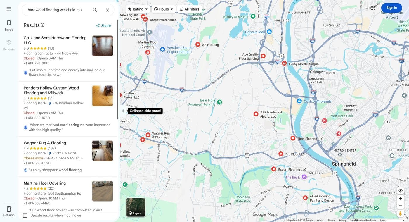 Google Maps results for 'hardwood flooring westfield ma' with Cruz and Sons in first place